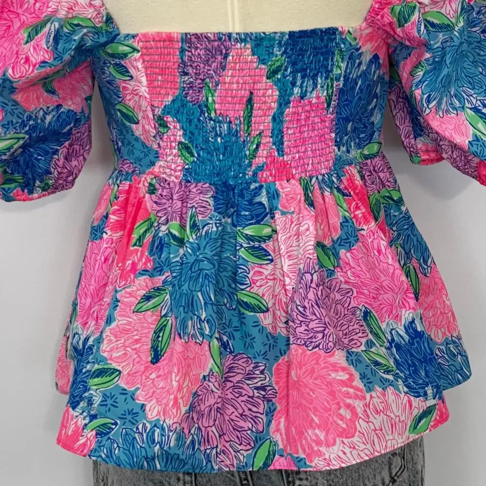 Lilly Pulitzer Kay Babydoll Short Sleeve Top in Multi Beach House Bloom 6